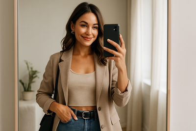 maak een vrouw die een selfie neemt in de spiegel