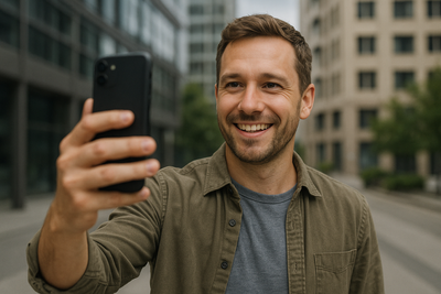 zoek een man die een selfie neemt